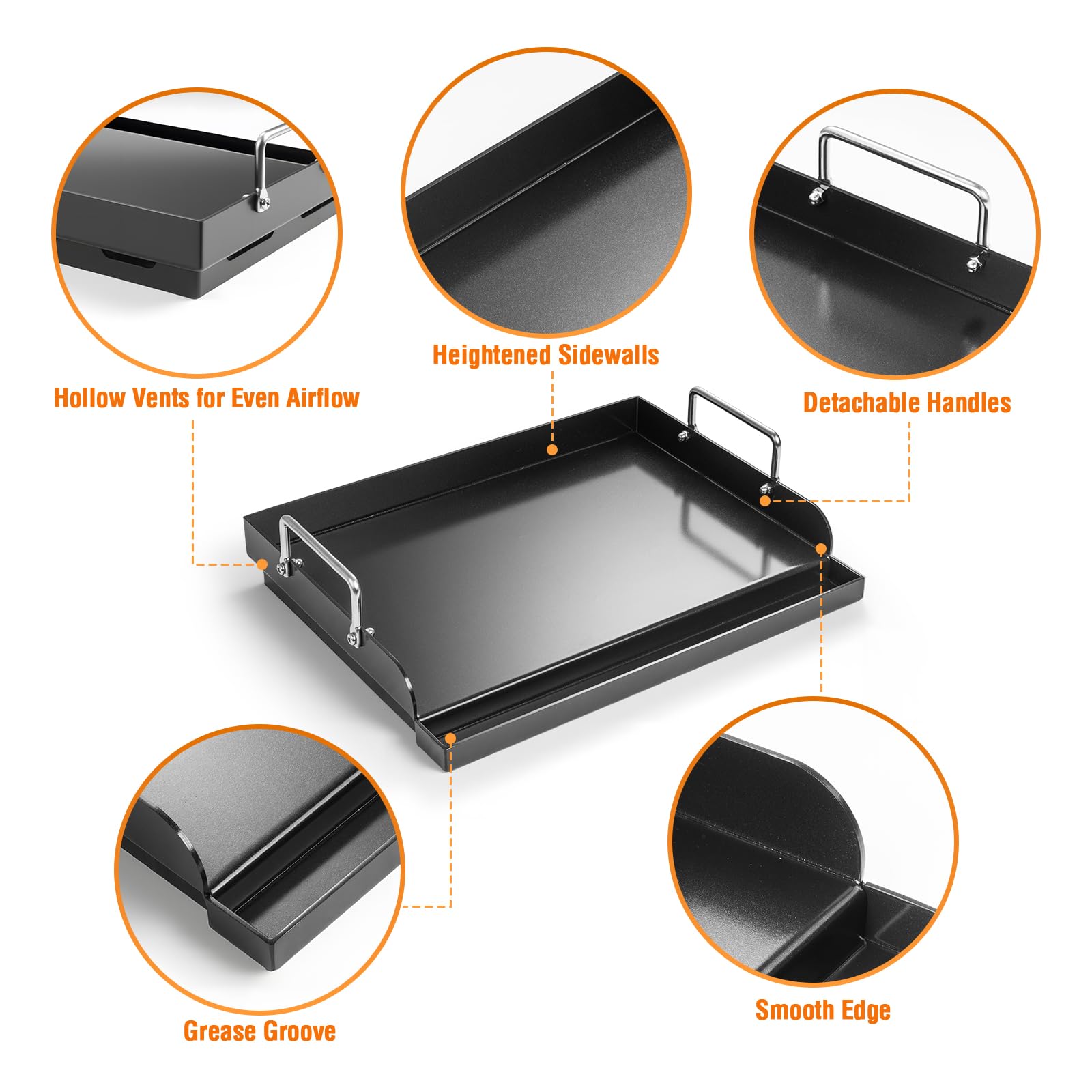 Universal BBQ Plancha Grillplatte 63,5 x 40,6 CM mit Abnehmbarer Griff, Universal passend für Weber Gasgrill & Holzkohlegrill,Grillpfanne für Burger Fleisch Gemüse 3