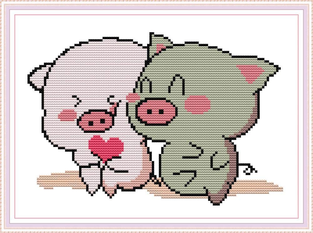 WOWDECOR Cross Stitch Embroidery Kits for Adults Kids, Lovely Couples Pig Animals 11CT Stamped DIY DMC Needlework Easy Beginners (Piggy)