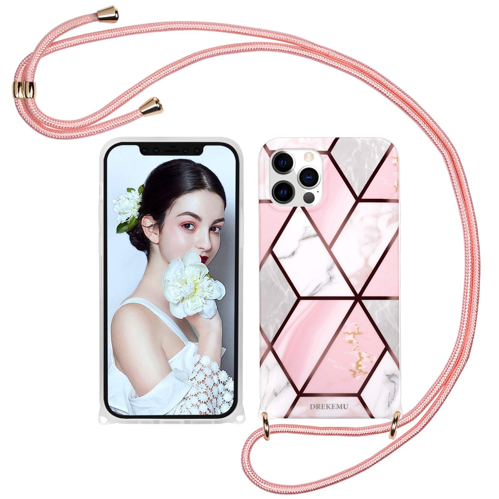 DREKEMU Mobile Phone Chain for iPhone 12 / iPhone 12 Pro Case Glitter Marble Mobile Phone Case with Cord for Hanging Necklace (Removable Chain), Silicone Protective Case with Strap, Pink / Grey