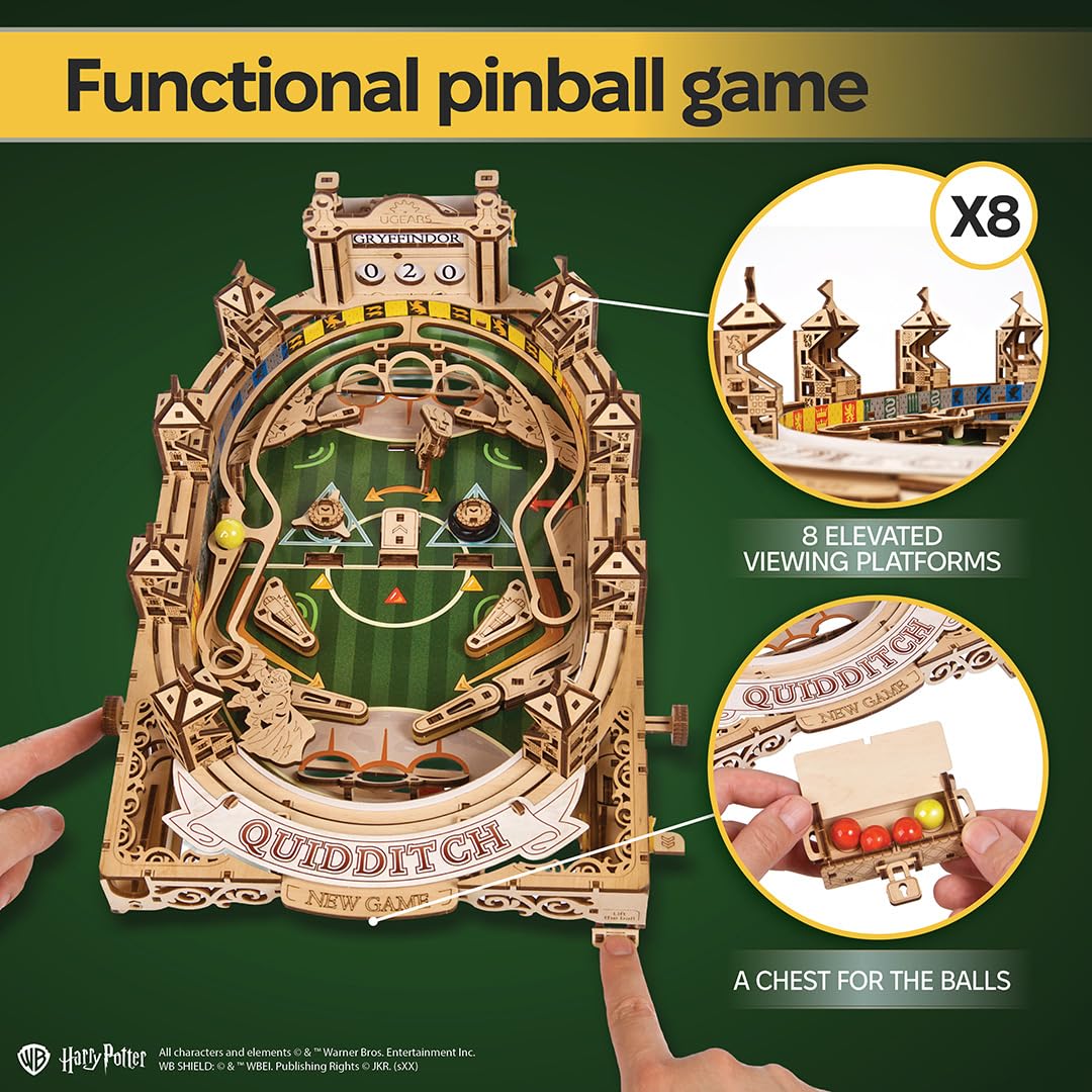Ugears Quidditch Pinball 3D Puzzle Holz - 3D Holzpuzzle Harry Potter Flipper Maschine Modellbausatz Erwachsene Flipperautomat - Harry Potter Geschenke Holzpuzzle Erwachsene für Geburtstag - 402 Teile 3
