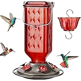 Kingsyard Glass Hummingbird Feeder for Outdoor Hanging, 24 Ounces, 6 Feeding Ports, Bird Nectar Feeder for Garden Décor, Ant Moat Included, Red
