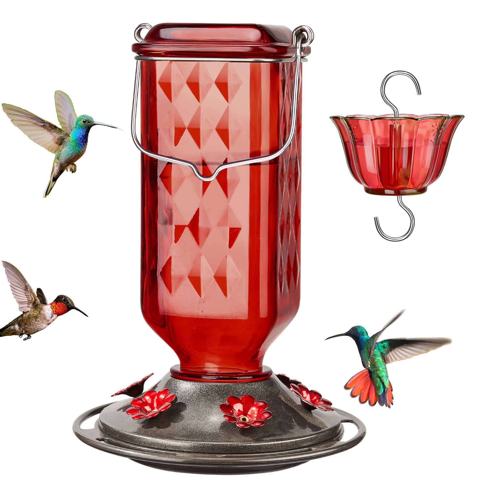 Photo 1 of Kingsyard Glass Hummingbird Feeder for Outdoor Hanging, 24 Ounces, 6 Feeding Ports, Bird Nectar Feeder for Garden Décor, Ant Moat Included, Red