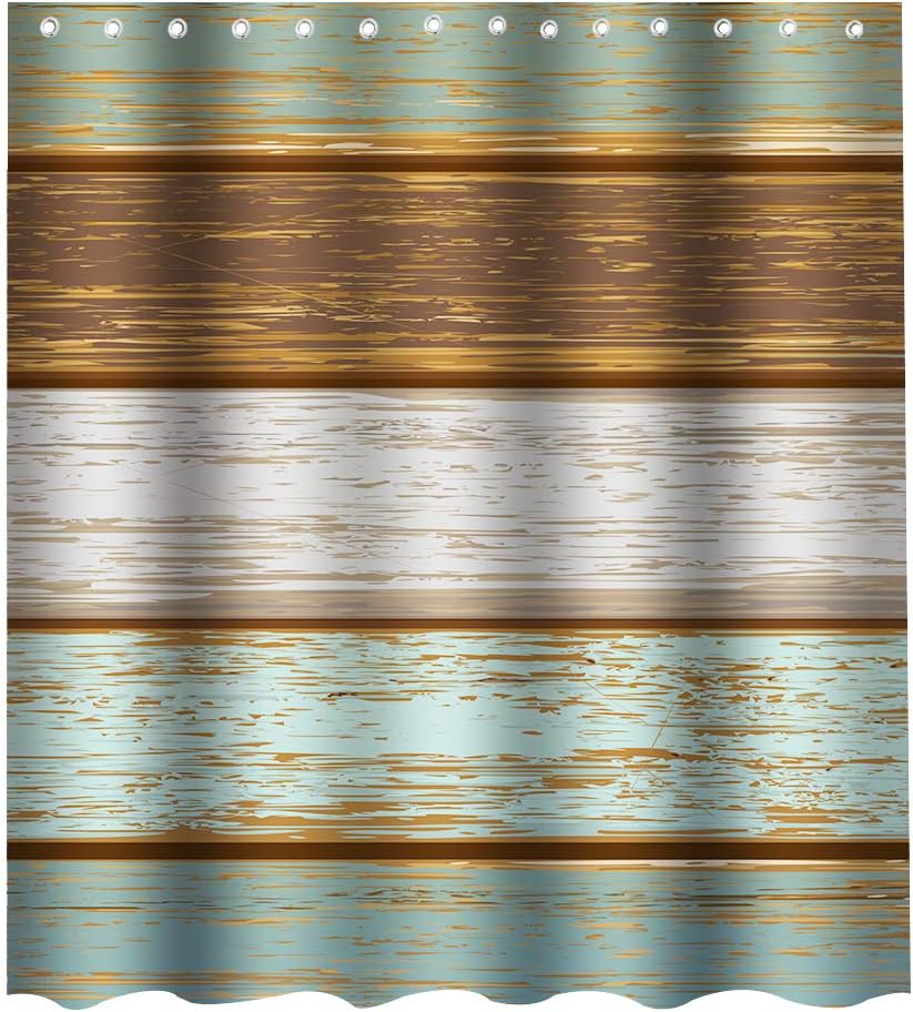 Final Friday Farmhouse Wood Shower Curtain Rustic Antique Stripe Grain Theme Cloth Fabric Bathroom Decor Sets with Hooks Waterproof Washable 70 x 70 inches Teal Brown and White