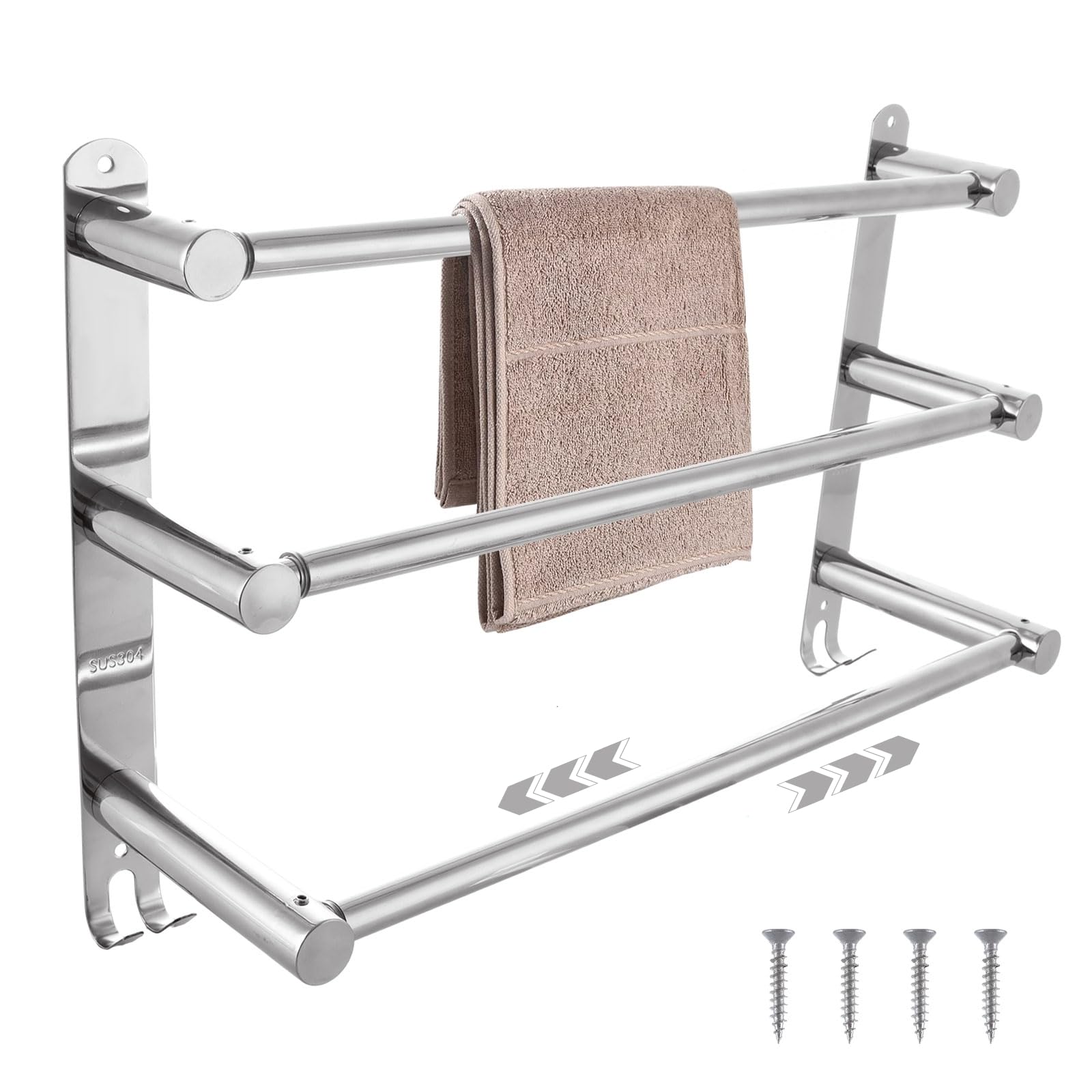 LDXDRU Towel Rail Wall Mounted, 3 Tier Towel Rack with Hooks, Stainless Steel Bathroom Towel Holder Towel Shelves for Bathroom Kitchen Office, 43-78cm / 17-30 Inch