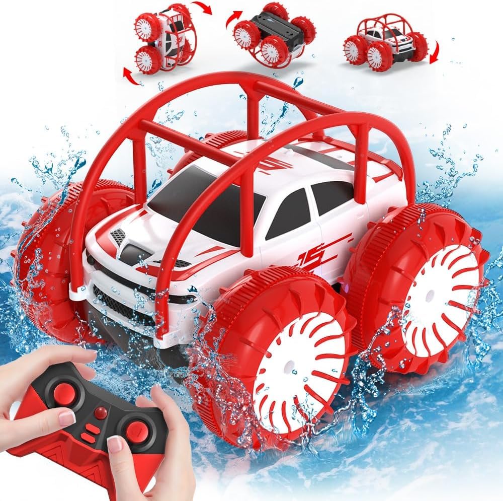 MaxTronic Direct Charging Remote Control Car for Kids, Amphibious RC Cars Toy 2.4G 360° Flips Rotation 15KM/H 4WD All Terrain Stunt Car with Ajustable LED for Boys Girls 3-12 Years Old