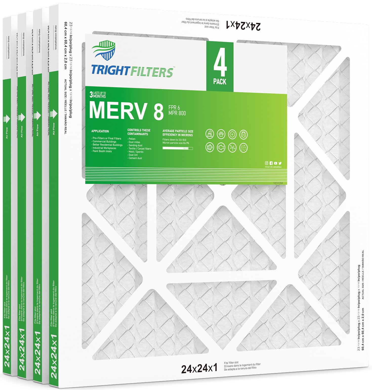 TRIGHTFILTERS 24x24x1 Air Filter 4 Pack, MERV 8 Pleated HVAC Furnace Filter