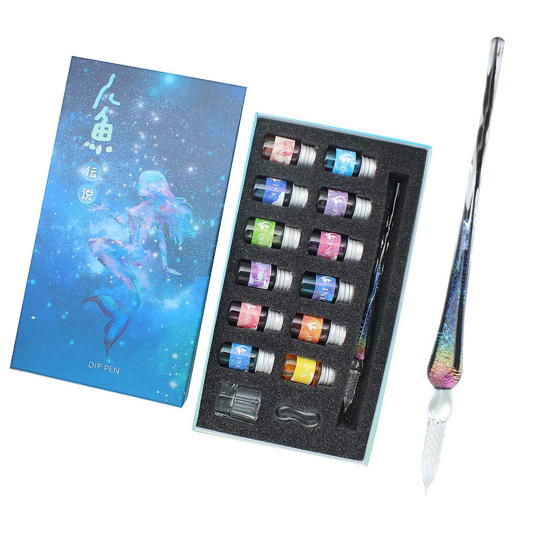 SIPLIV Handmade Glass Dip Pen Set, Starry Sky Crystal Vintage Signature Drawing Calligraphy Pen, 15 Pcs Gift Set with 12 Colors Ink, 1 Pen Holder, 1 Glass Pen, 1 Cleaning Cup - Rainbow