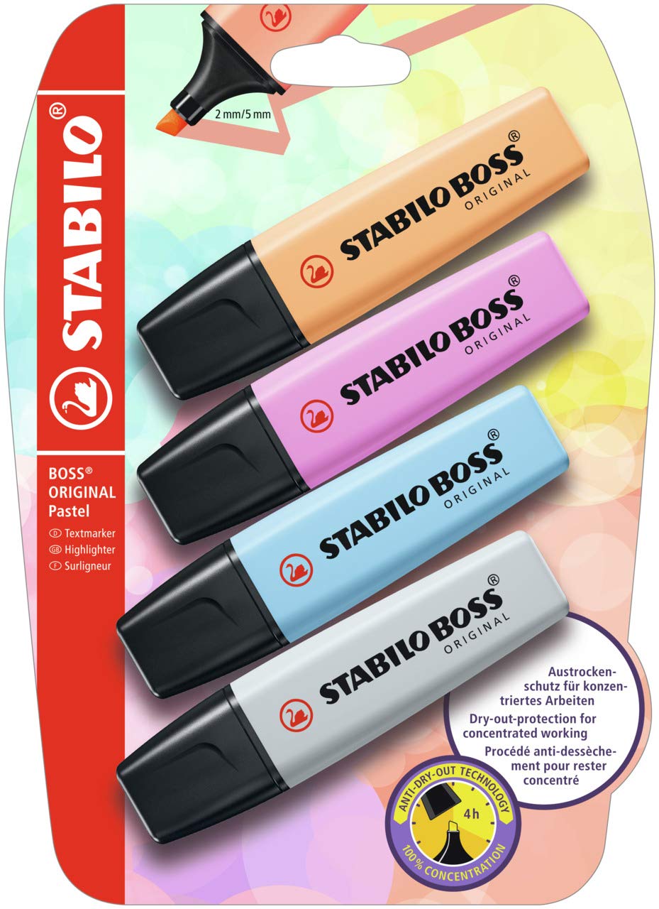 STABILO BOSS ORIGINAL Pastel - Highlighter - Pack of 4 - Breezy Blue, Pale Orange, Frozen Fuchsia, Dusty Grey