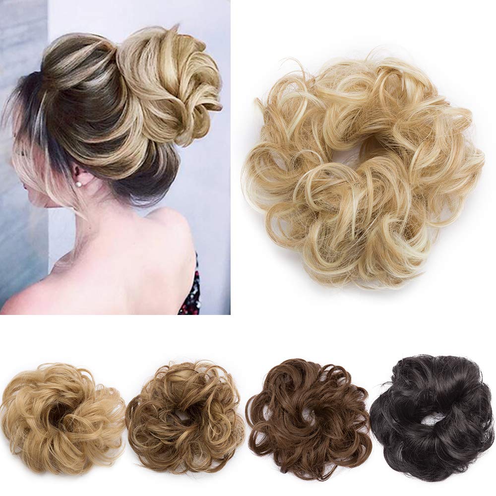 Silk-co Scrunchy Scrunchie Curly Hairpieces Messy Hair Bun Chignons Wavy Donut Updo Synthetic Hair Extensions 25g Dark Blond & Bleach Blond
