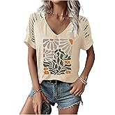 TOTWOW Women's Cut Out V Neck T-Shirts Boho Floral Graphic Tee Summer Cold Shoulder Short Sleeved Tops