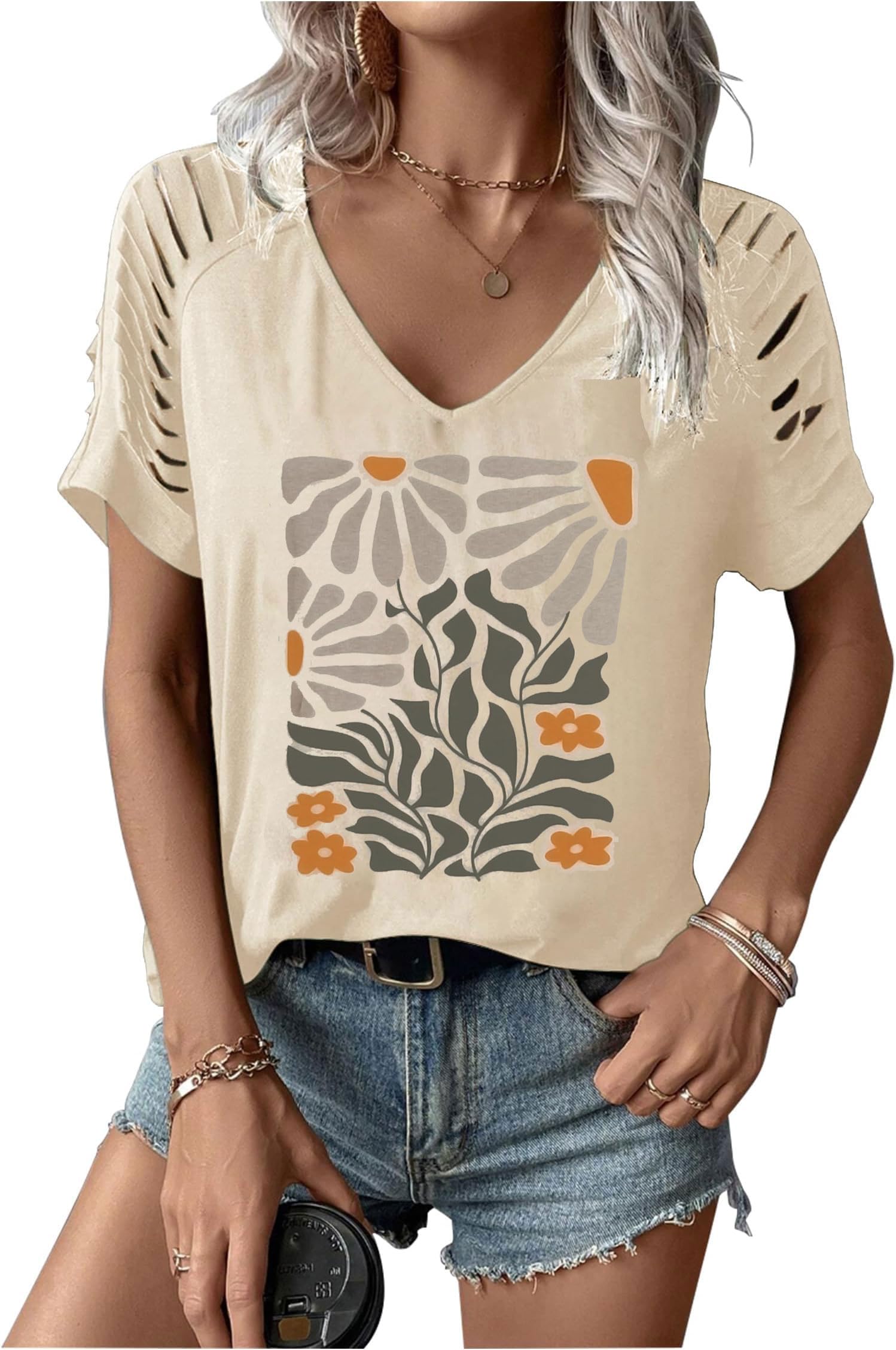 Rosa Clothing Botanical Floral Wildflower Short Sleeve Basic T-Shirt in Rust main image 0