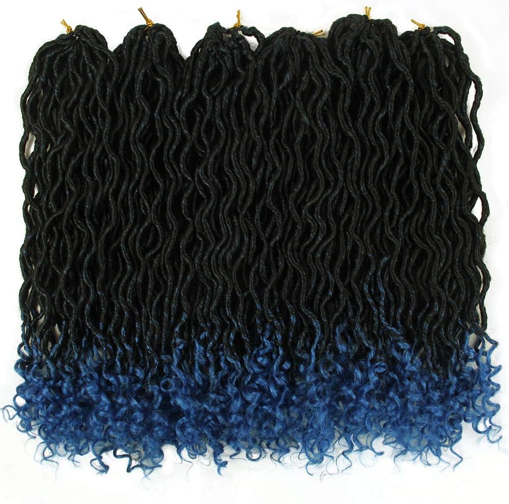 6Packs 18" Goddess Locs Crochet Braids Ombre Color Wavy Faux Locs Crochet Hair Curly Ends Dreadlocks Synthetic Braiding Hair Extensions (18" 6Packs,Ombre Blue)