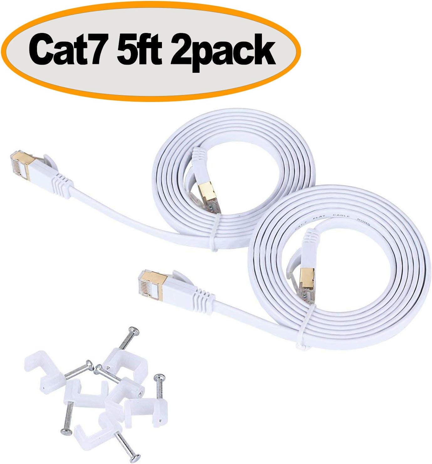 Cat 7 Ethernet Cable 5 ft (2 Pack) White – Shielded (SSTP) Flat Computer Cable with Snagless Rj45 Connectors– 5 feet (2 Pack)