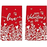 Artoid Mode Red Love Heart Floral Leaves Valentine's Kitchen Towels Dish Towels, 18x26 Inch Anniversary Wedding Decoration Cleaning Set of 2