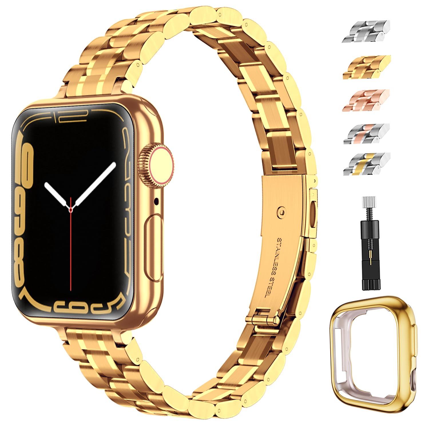 chuangshiji Metal Strap Compatible with Apple Watch Strap Series 9 8 7 6 5 4 3 2 1 SE, Adjustable Replacement for iWatch Strap 41mm 40mm 38mm Stainless Steel Band for Apple Watch Women Men, Gold