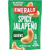 Emerald Jalapeno Seasoned Cashews, 5oz Resealable Bag | Non GMO, No Artificial Preservatives, Flavors or Synthetic Colors, Plant Based Protein, Kosher Certified, Spicy Healthy Snack