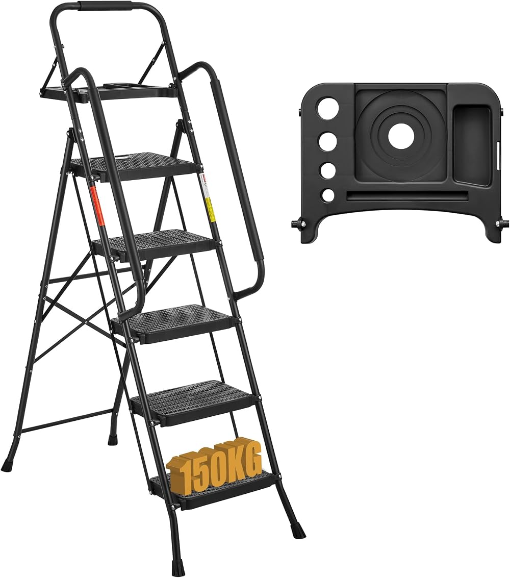 BONTEC 5 Step Folding Ladder Heavy Duty Portable Black Step Stool