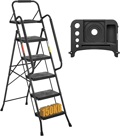 BONTEC 5 Step Folding Ladder Heavy Duty Portable Black Step Stool