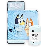 Jay Franco Kids Nap Mat with Embedded Pillow & Blanket – Soft 46"x20" Microfiber Sleeping Bag with Name Tag & Handle for School, Travel, Sleepover, Blue - Bluey