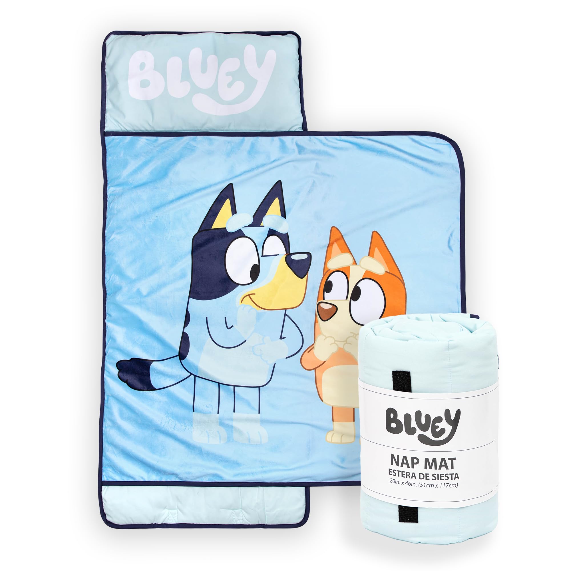 Jay Franco Kids Nap Mat with Embedded Pillow & Blanket – Soft 46"x20" Microfiber Sleeping Bag with Name Tag & Handle for School, Travel, Sleepover, Blue - Bluey