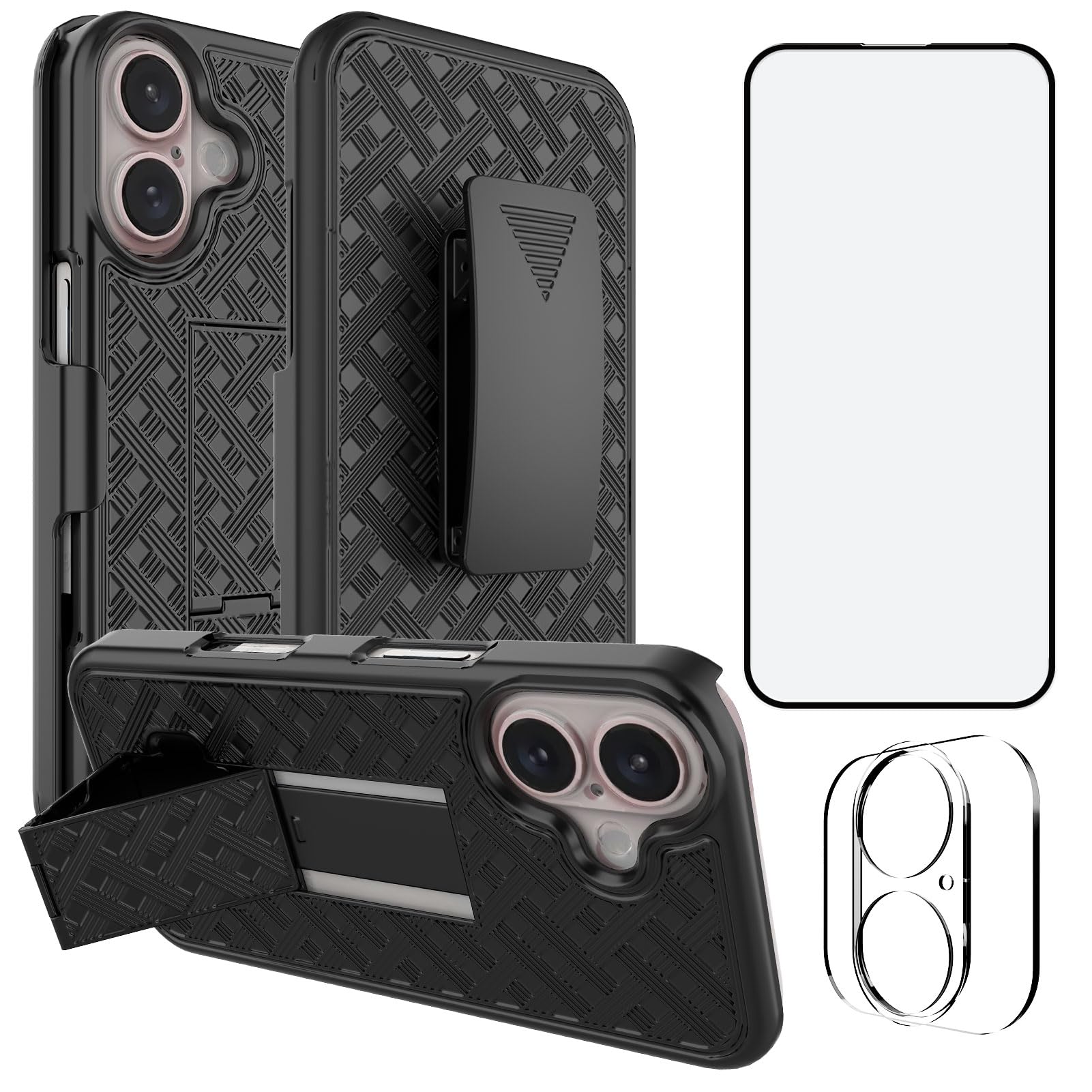 Ailiber Designed for iPhone 16 Plus Case with Stand, iPhone 16plus Belt Clip Holster with Camera Lens&Screen Protector, Swivel 2-in-1 Holder, Slim Shockproof Pouch Full Body Cell Phone Cover-Black
