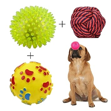 Pets Empire Dog Ball Toy Combo, 1 LED Light Ball, 1 Vinyl Squeaky Ball, 1 Cotton Rope Ball, Super Saver Combo