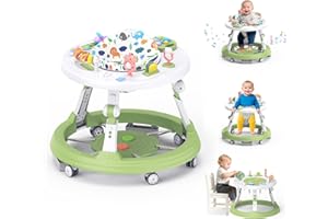 GOREGENT Baby Walker Foldable, 4-in-1 Toddler Infant Walkers with Wheels, 360-degree Rotatable Play Tray, for Boys and Girls 6-18 Months- Activity Center, 3-Gear Height Adjustable, Music and Lights(Green)