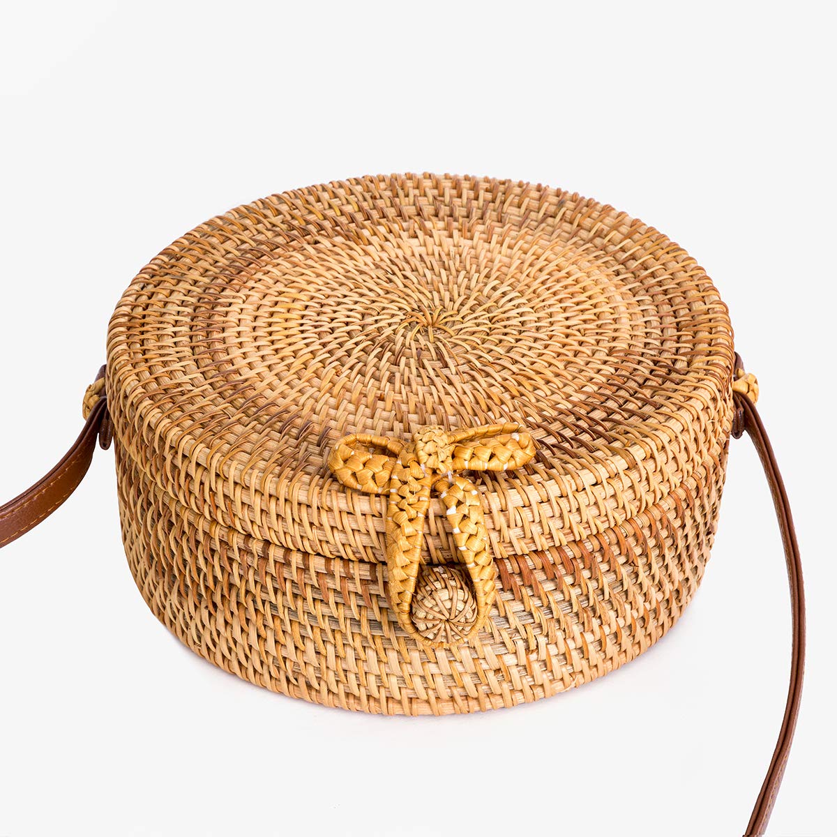 Lefur Rattan Bags for Women Round Handmade Straw Bag Purse Boho Circle Crossbody Handag with Shoulder Leather Strap