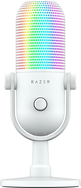 Razer seiren v3 chroma - microfone rgb usb - microfone condensador supercardióide com tap-to-mute (iluminação reativa, limitador de ganho digital e amortecedor integrado) branco