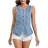 EZAPINE Denim Vest Top for Women Sleeveless Blazer Jean Vest Button Down Crewneck Waistcoat Tank Top