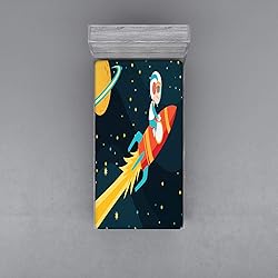 Ambesonne Rocket Fitted Sheet, Boy Riding Rocket in