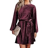Happy Sailed Women's Velvet Dress Lantern Sleeve High Waist A-Line Skater Cocktail Party Dresses with Belt Business wear