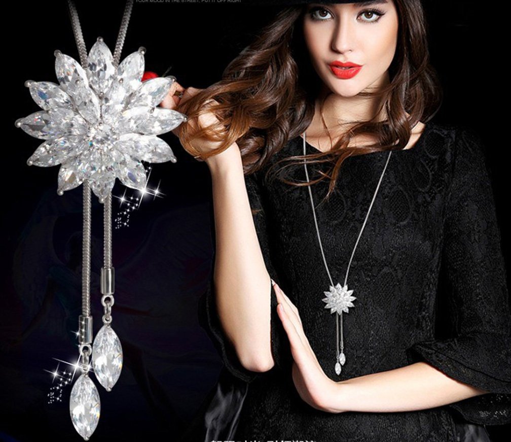 Women Crystal Necklace Snowflakes Pendant Jewelry White Gold Plated Long Chain Sweater Necklace Winter Outfit Decorations