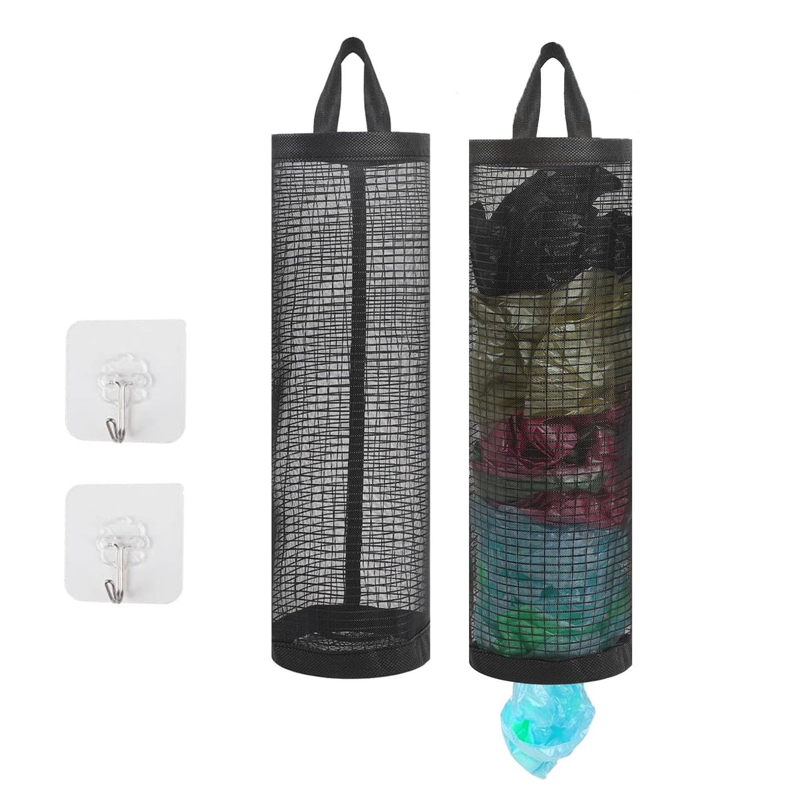 ZPLASK 2 Pcs Plastic Bag Holder, Carrier Bag Storage with 2 Pcs Sticky Hooks, Mesh Hanging Grocery Plastic Bag Storage Holder Carrier Bag Holder, Plastic Bag Dispenser for Home
