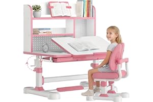 OYOWINGO Kids Functional Desk and Chair Set - Ergonomic Height Adjustable Art Desk for Bedroom with Tiltable Desktop, Book Stand, Reading Rack & Storage Drawer for Children Boys & Girls (13-Pink)