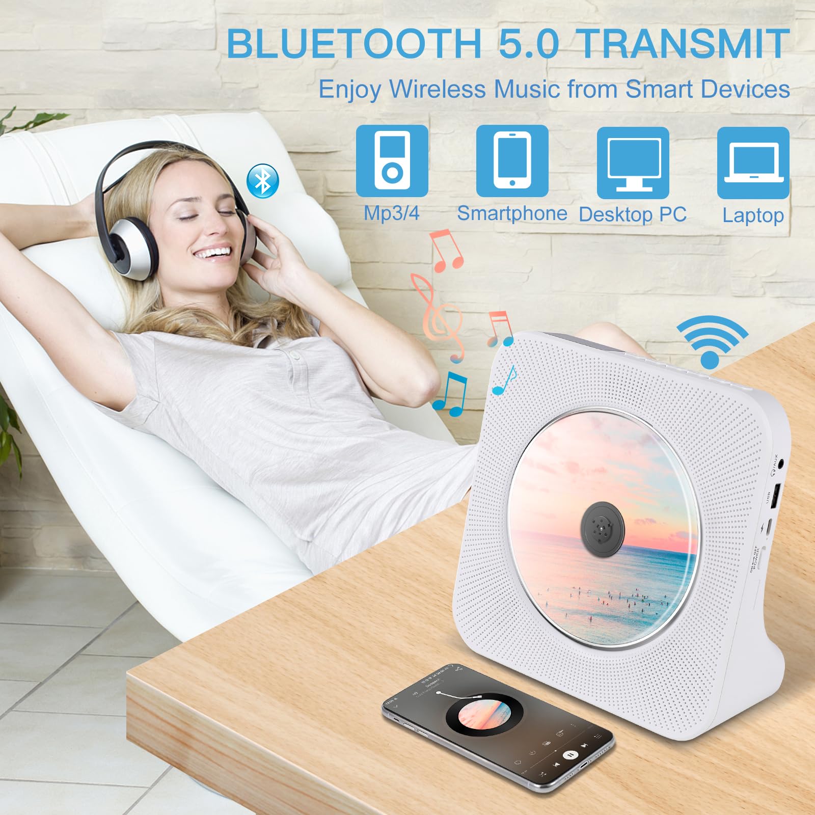 Portable CD Player with HiFi Speaker, Bluetooth CD Players for Home with Dust Cover,LED Screen Display,Remote Control,Desktop CD Player Support CD/FM Radio/Bluetooth/U-Disk/AUX/Repeat