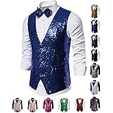 Baestappy Men's Shiny Sequins V-Neck Dress Vest with Bowtie & Brooch - Formal & Semi - Formal Prom Party Tuxedo