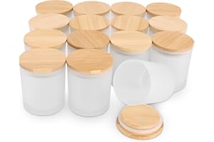 ANTIMBEE (15 Pack) Frosted Glass Candle Jars with Bamboo Lids for Making Candles, 6 oz Empty Candle Tins with Wooden Lids, Bulk Clean Candle Containers - Dishwasher Safe