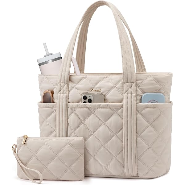 SUKUTU Women's Puffy Padded Tote Bag - Lightweight Quilted Shoulder Bag, Large Work Purse With Zipper