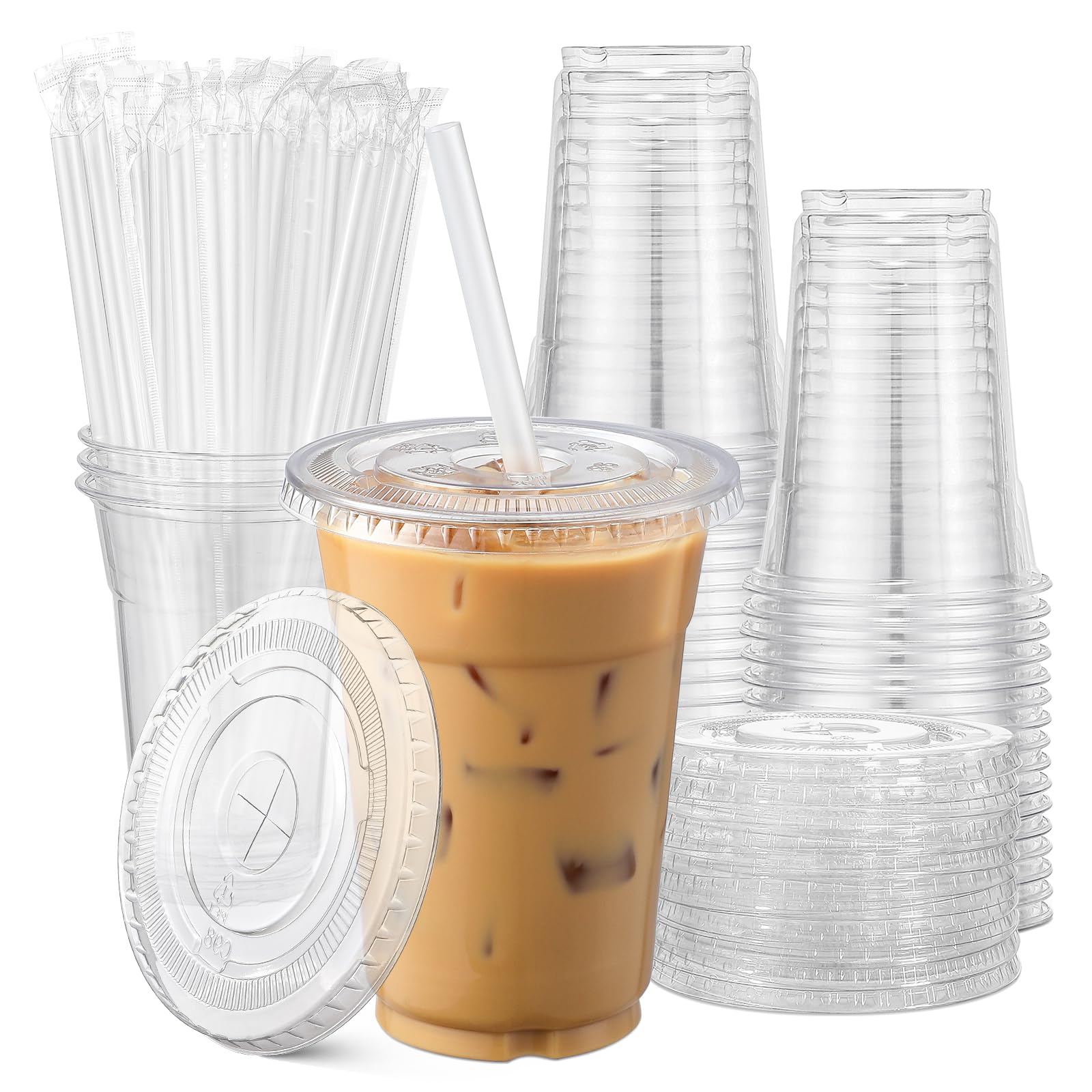 Photo 1 of AOZITA [100 Sets] 20 oz Clear Plastic Cups With Lids and Straws, Disposable Cups With Lids for Iced Coffee, Smoothie, Milkshake and Cold Drinks