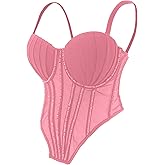 ELLACCI Women Beaded Trim Mesh Corset Bodysuit Pleated Padded Cups Bustier Top Pink