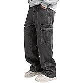 Mens Baggy Cargo Jeans Y2K Skater Vintage Plain Pants Grunge Jeans Causal Wide Leg Denim Pants Streetwear
