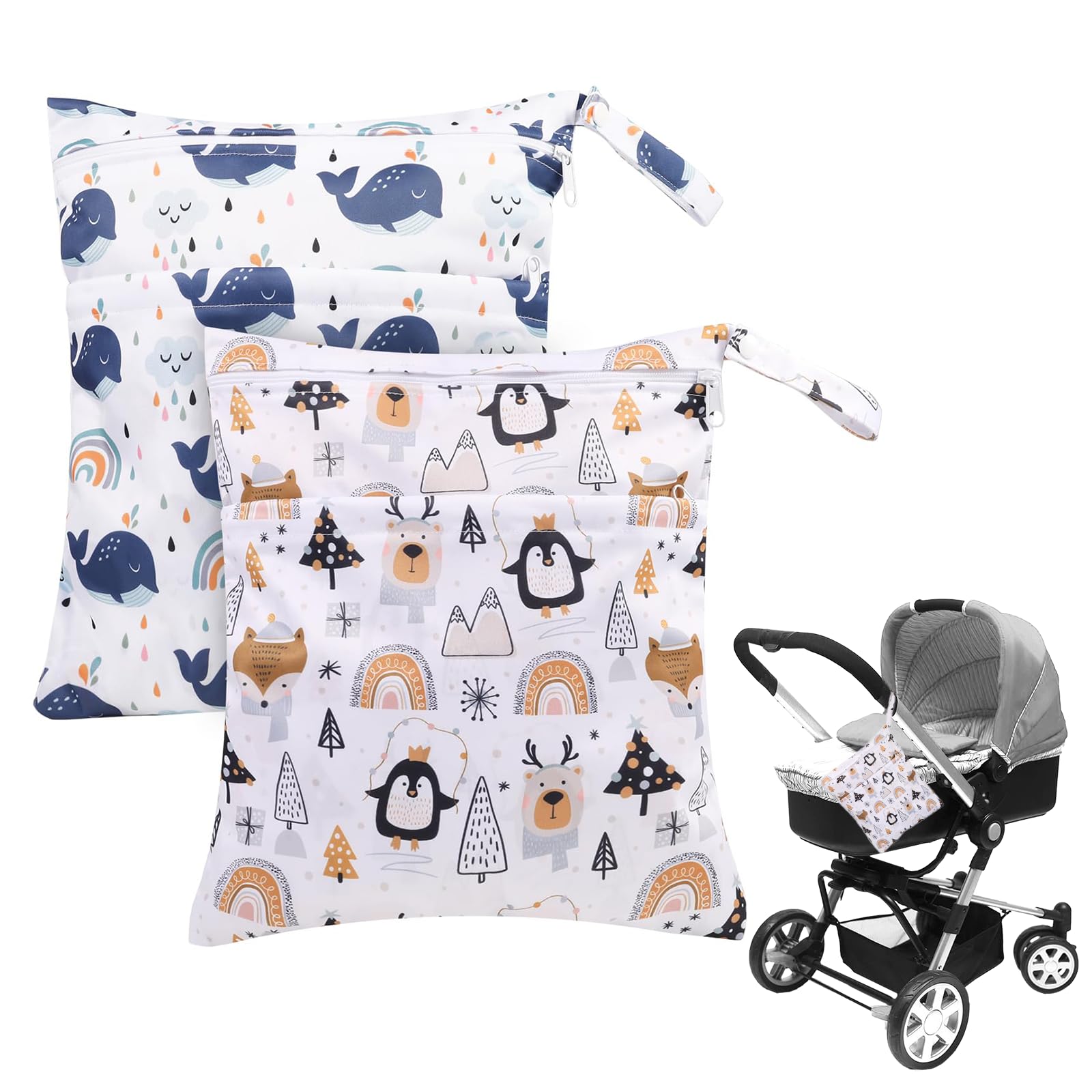Waterproof-Washable-Reusable Wet Bag - 2 Packs Wet Swimsuit Bag Wet Bags for Swimming, Nappy Bags with Double Zipper Pockets for Baby Items, Wet Clothes Swimming Gym Beach Pool Bag(Blue+Orange)