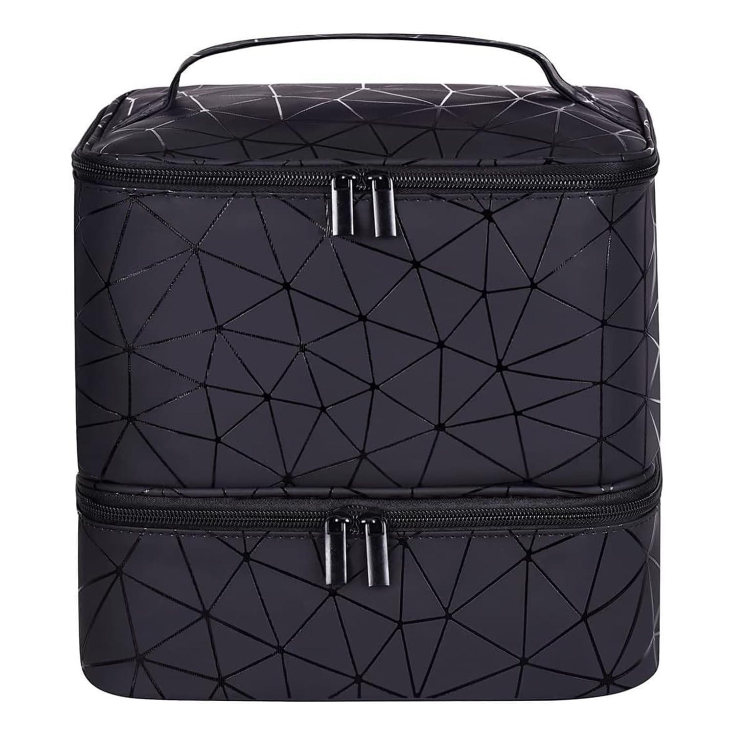 AMOYUN Black Large Makeup Bag, Nail Polish Organiser-Holds 30 Bottles Double-Layer Travel Storage Bags Waterproof PU Cosmetic Bag with Adjustable Dividers for Manicure Tools Storage