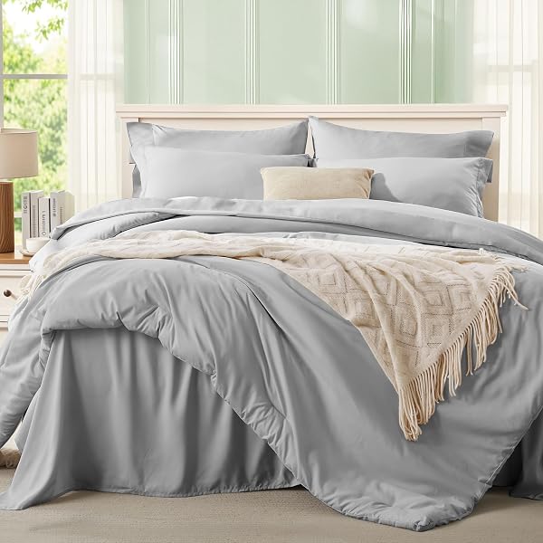 ANLUOER LIGHT GREY QUEEN COMFORTER SET 7 PIECES, BED IN A BAG WITH SHEETS, ALL SEASON BEDDING SETS WITH 1 COMFORTER, 2 PILLOW SHAMS, 2 PILLOWCASES, 1 FLAT SHEET, 1 FITTED SHEET
