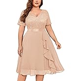 MISSMAY Women's Plus Size Sequins Lace Contrast Chiffon V Neck Flowy Cocktail Party Prom Midi Dress
