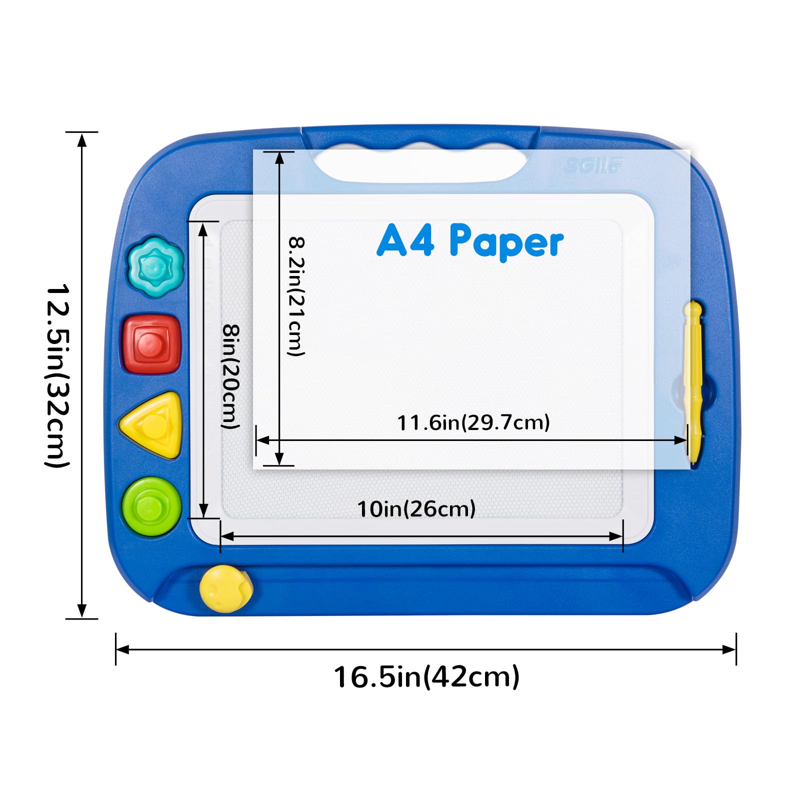 SGILE Large Magnetic Drawing Board - 4 Colors 16×13in Writing Painting Doodle Pad with 4 Stamps for Toddlers, Learning Educational Toy Etch Sketch Gift for 36+ Month Kids Girls Boys, Blue