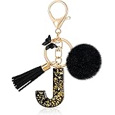 MWOOT Initial keychain,Resin Letter keychain,Cute Car Keyring Alphabet,Black Car Keychains Pompom Keychain