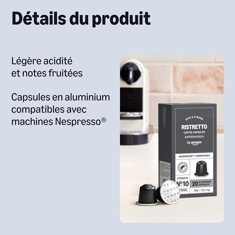 Capsules de café en aluminium Ristretto compatibles avec Nespresso, torréfaction moyennement poussée, 100 Pièces, 5 lot de 20 - Certifié Rainforest Alliance