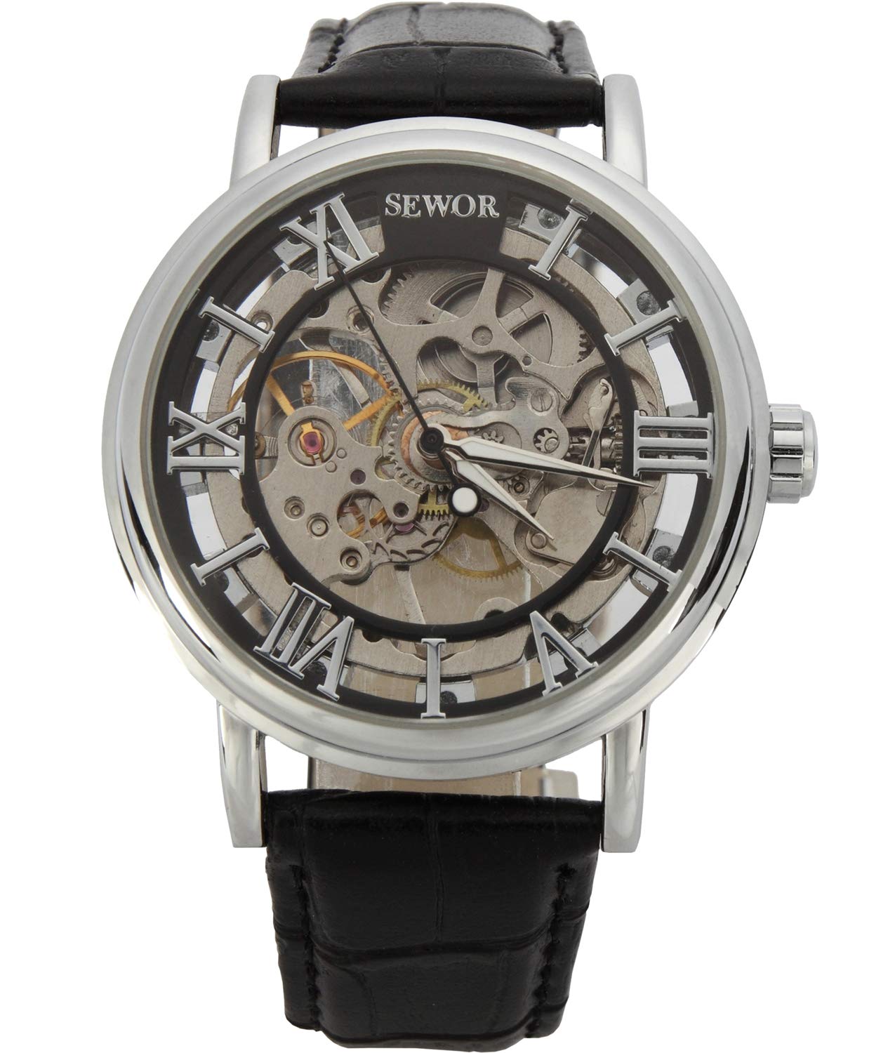 SEWOR Men's Mechanical Hand-Wind Skeleton Transparent Wrist Watch with Vintage Style (Silver Black)